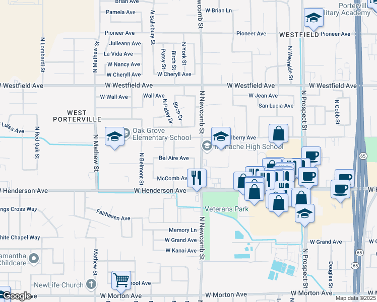 map of restaurants, bars, coffee shops, grocery stores, and more near 1651 Terry Court in Porterville