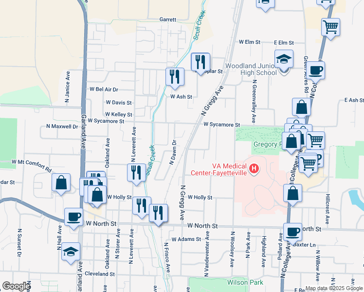 map of restaurants, bars, coffee shops, grocery stores, and more near 1568 North Dawn Drive in Fayetteville
