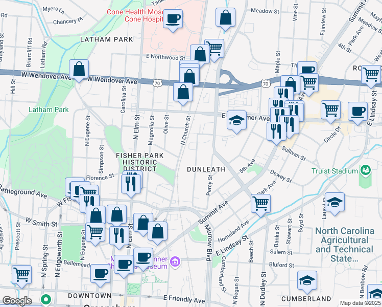 map of restaurants, bars, coffee shops, grocery stores, and more near 717 Chestnut Street in Greensboro