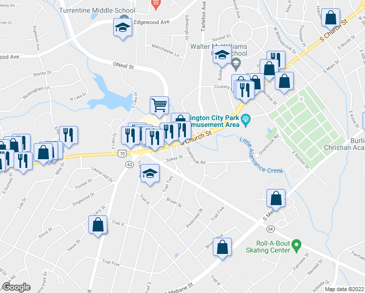 map of restaurants, bars, coffee shops, grocery stores, and more near 1610 S Church St in Burlington
