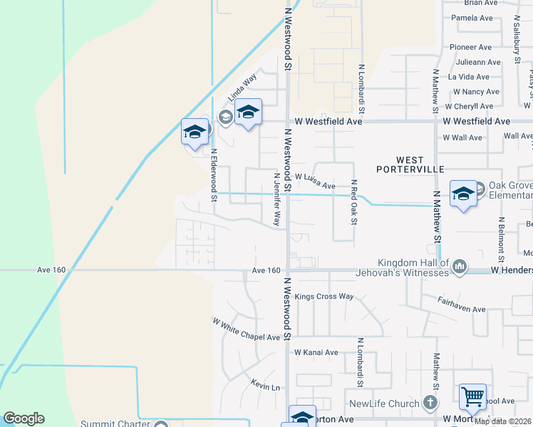 map of restaurants, bars, coffee shops, grocery stores, and more near 901 North Jennifer Way in Porterville