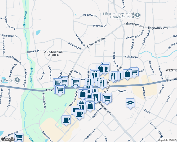 map of restaurants, bars, coffee shops, grocery stores, and more near 2508 Hickory Avenue in Burlington