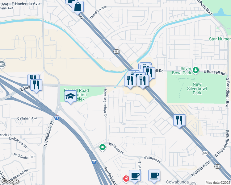 map of restaurants, bars, coffee shops, grocery stores, and more near 5836 Aimless Street in Henderson