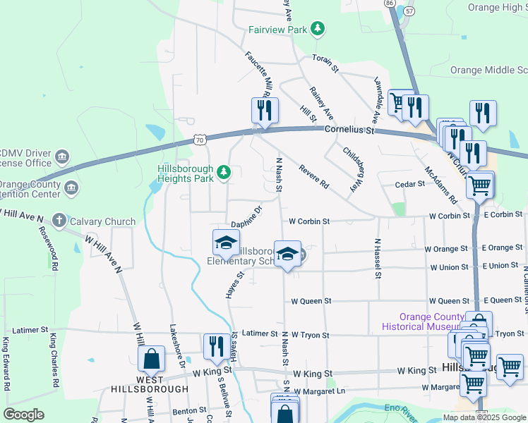 map of restaurants, bars, coffee shops, grocery stores, and more near 110 Daphine Drive in Hillsborough