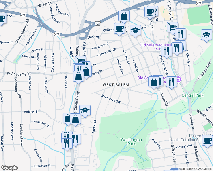 map of restaurants, bars, coffee shops, grocery stores, and more near 816 Holland Street Southwest in Winston-Salem