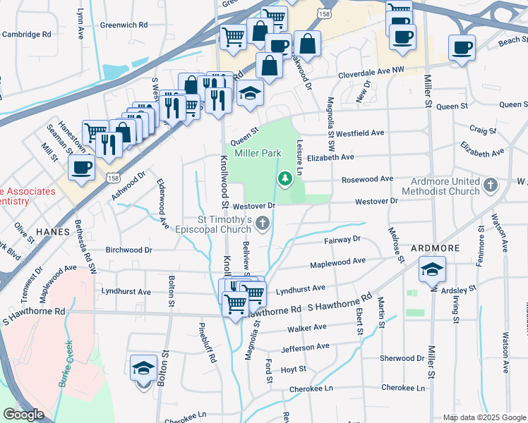 map of restaurants, bars, coffee shops, grocery stores, and more near 2564 Westover Drive in Winston-Salem