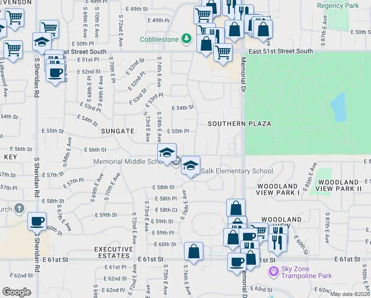 map of restaurants, bars, coffee shops, grocery stores, and more near 5630 South 75th East Place in Tulsa