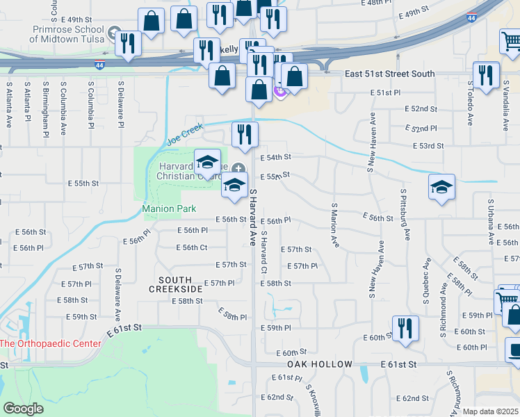 map of restaurants, bars, coffee shops, grocery stores, and more near 3305 East 56th Place in Tulsa