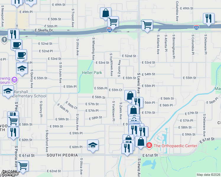 map of restaurants, bars, coffee shops, grocery stores, and more near 2104-2126 East 56th Street in Tulsa