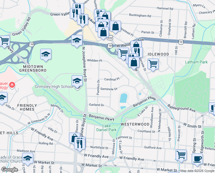 map of restaurants, bars, coffee shops, grocery stores, and more near 1409 Seminole Drive in Greensboro