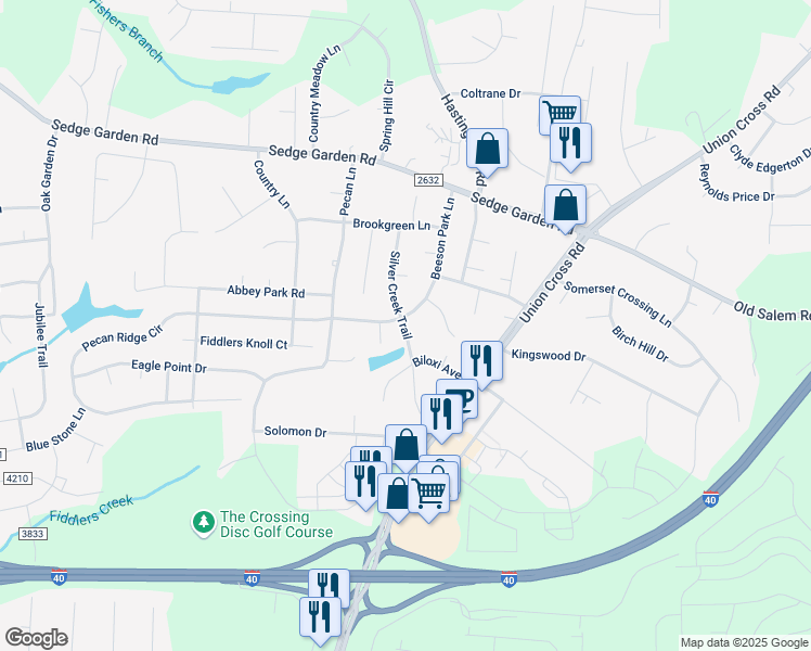 map of restaurants, bars, coffee shops, grocery stores, and more near 300 Silver Creek Trail in Kernersville