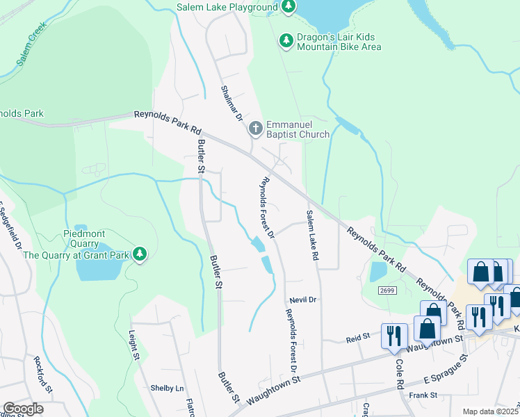 map of restaurants, bars, coffee shops, grocery stores, and more near 1220 Reynolds Forest Drive in Winston-Salem