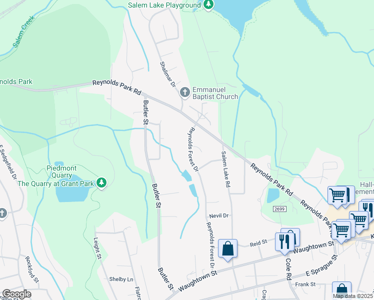 map of restaurants, bars, coffee shops, grocery stores, and more near 1220 Reynolds Forest Drive in Winston-Salem