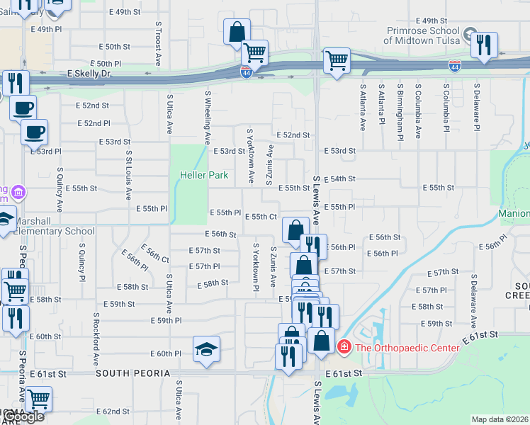 map of restaurants, bars, coffee shops, grocery stores, and more near 2138 East 55th Court in Tulsa
