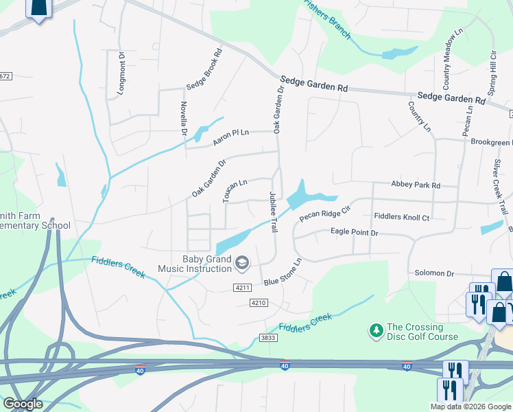 map of restaurants, bars, coffee shops, grocery stores, and more near 1540 Barry Oak Court in Kernersville