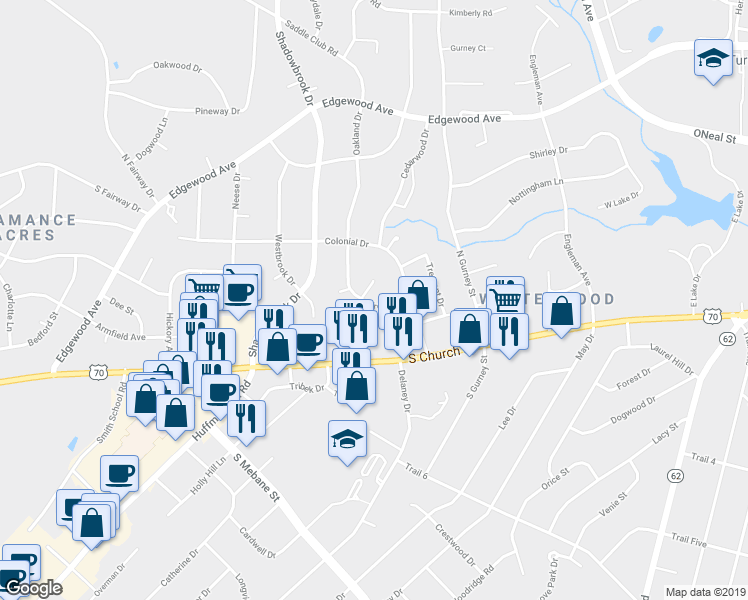 map of restaurants, bars, coffee shops, grocery stores, and more near 223 Oakland Drive in Burlington