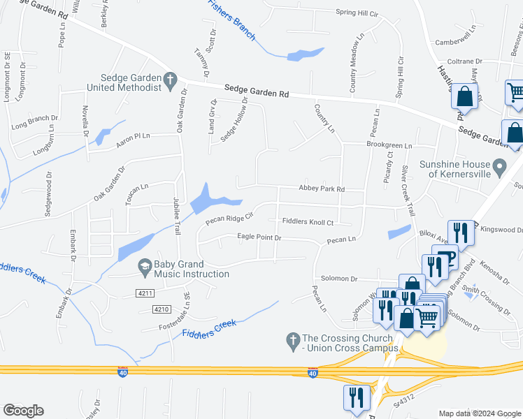 map of restaurants, bars, coffee shops, grocery stores, and more near 791 Pecan Ridge Circle in Kernersville