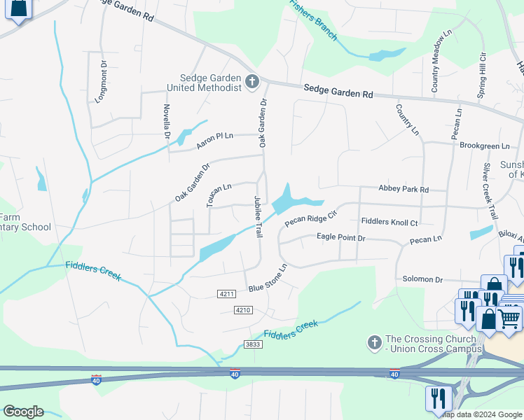 map of restaurants, bars, coffee shops, grocery stores, and more near 1533 Jubilee Trail in Kernersville