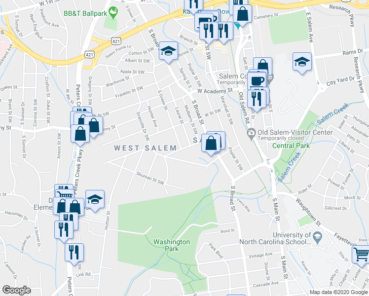 map of restaurants, bars, coffee shops, grocery stores, and more near 820 Washington Street Southwest in Winston-Salem
