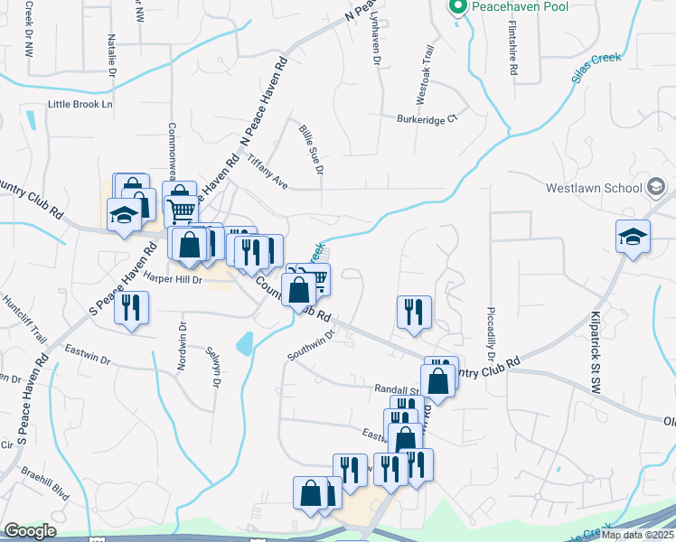 map of restaurants, bars, coffee shops, grocery stores, and more near 4755 Country Club Road in Winston-Salem