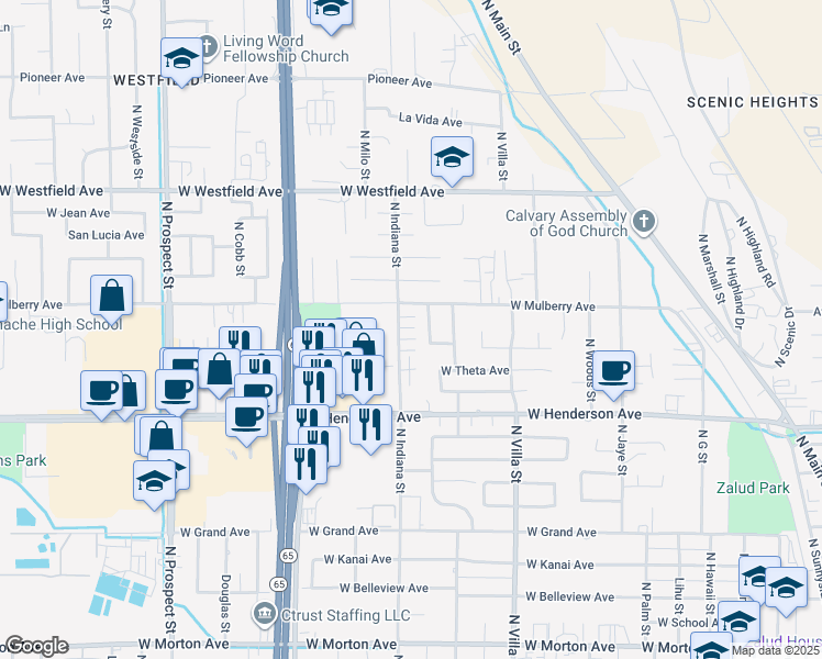 map of restaurants, bars, coffee shops, grocery stores, and more near 749 Bel Aire Avenue in Porterville