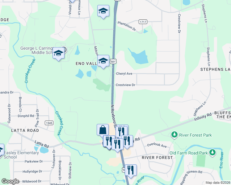 map of restaurants, bars, coffee shops, grocery stores, and more near 5384 North Roxboro Street in Durham