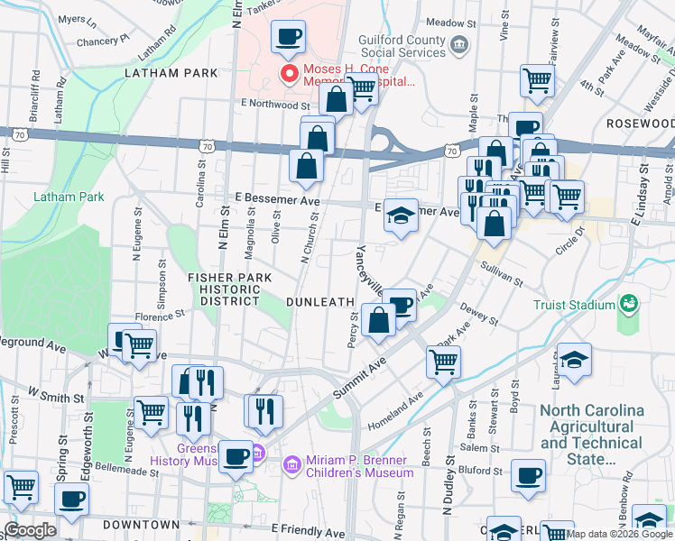 map of restaurants, bars, coffee shops, grocery stores, and more near in Greensboro