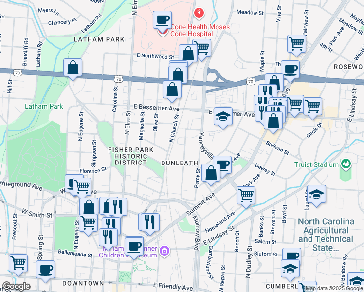 map of restaurants, bars, coffee shops, grocery stores, and more near 705 Chestnut Street in Greensboro