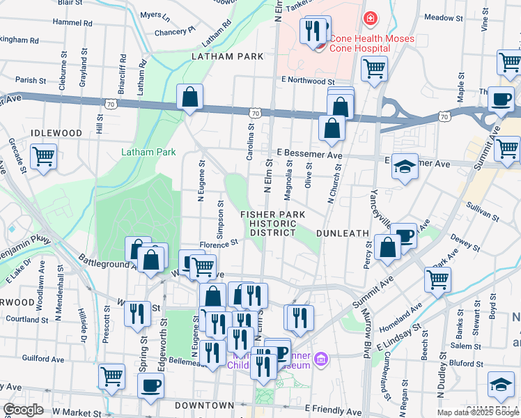 map of restaurants, bars, coffee shops, grocery stores, and more near in Greensboro