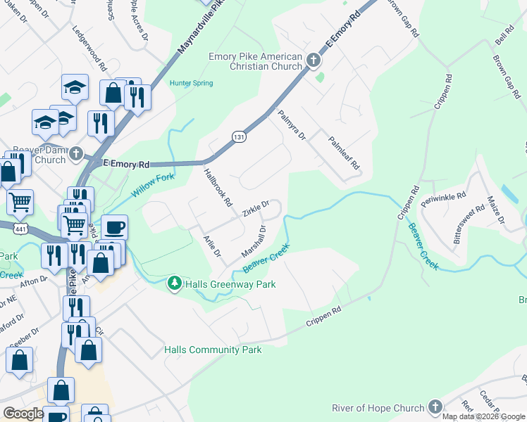 map of restaurants, bars, coffee shops, grocery stores, and more near 4637 Marshall Drive in Knoxville