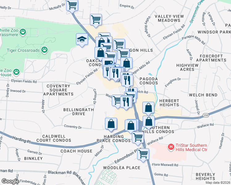map of restaurants, bars, coffee shops, grocery stores, and more near 419 Welshwood Drive in Nashville