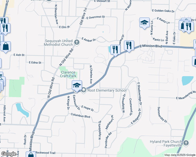 map of restaurants, bars, coffee shops, grocery stores, and more near 1625 East Mission Boulevard in Fayetteville