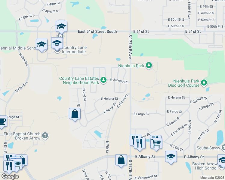 map of restaurants, bars, coffee shops, grocery stores, and more near 600 East Helena Street in Broken Arrow