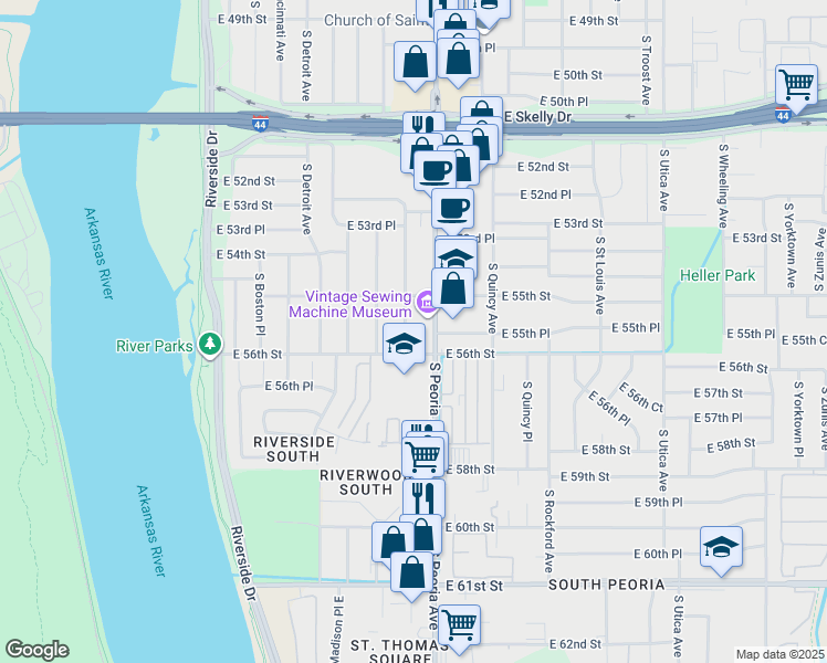 map of restaurants, bars, coffee shops, grocery stores, and more near 5544 South Peoria Avenue in Tulsa