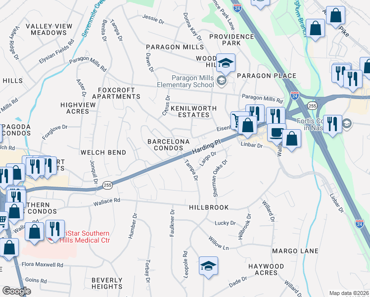 map of restaurants, bars, coffee shops, grocery stores, and more near 270 Tampa Drive in Nashville