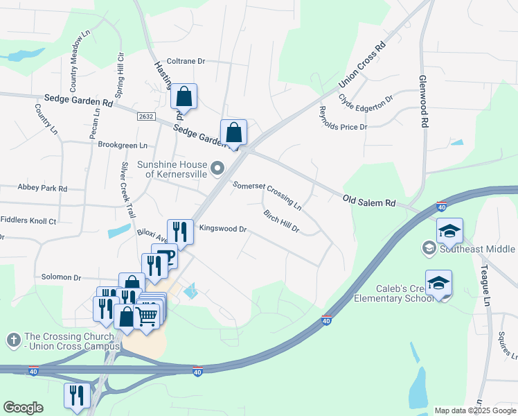 map of restaurants, bars, coffee shops, grocery stores, and more near 1120 Birch Hill Drive in Kernersville