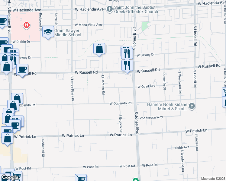 map of restaurants, bars, coffee shops, grocery stores, and more near 6260 West Oquendo Road in Las Vegas