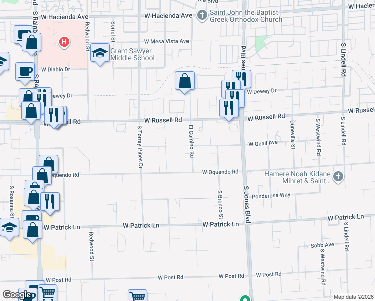 map of restaurants, bars, coffee shops, grocery stores, and more near 5845 El Camino Road in Las Vegas