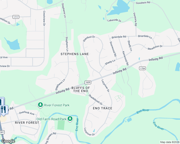 map of restaurants, bars, coffee shops, grocery stores, and more near 815 Infinity Road in Durham