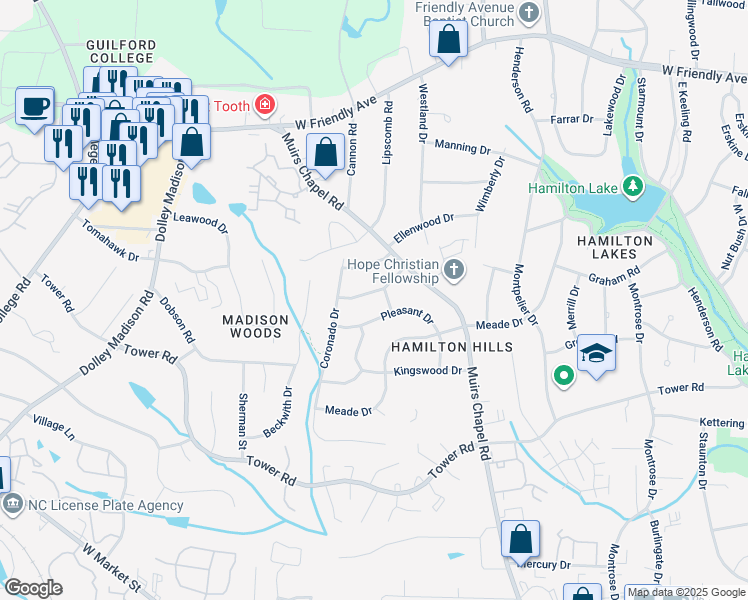 map of restaurants, bars, coffee shops, grocery stores, and more near 4803 Penn Wyne Drive in Greensboro