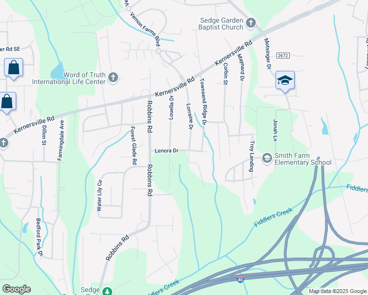 map of restaurants, bars, coffee shops, grocery stores, and more near 325 Lorraine Drive in Winston-Salem
