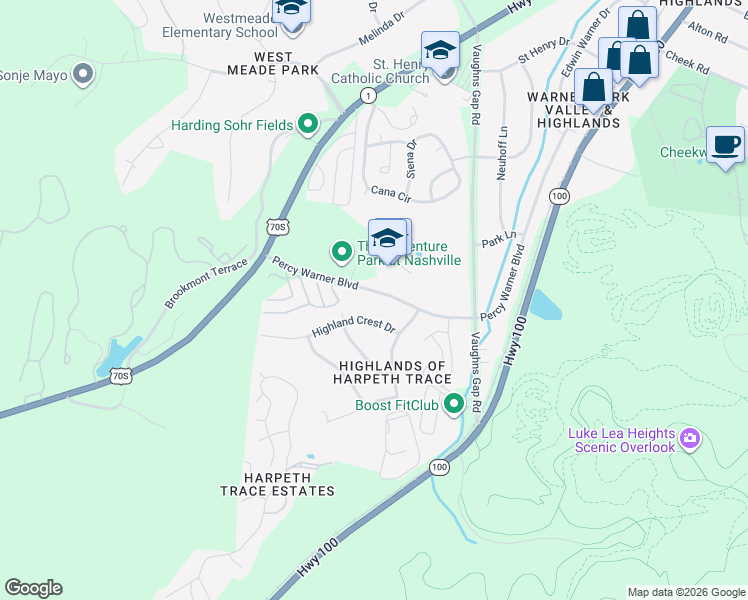 map of restaurants, bars, coffee shops, grocery stores, and more near 821 Highland Crest Drive in Nashville