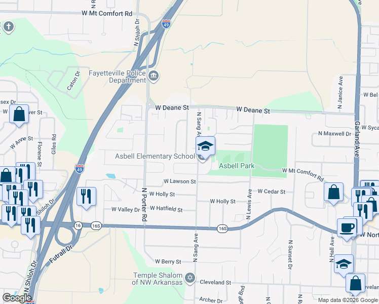 map of restaurants, bars, coffee shops, grocery stores, and more near 2155 Skyler Drive in Fayetteville