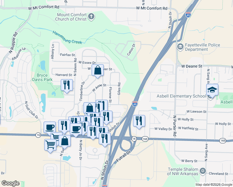 map of restaurants, bars, coffee shops, grocery stores, and more near 1460 North Florene Street in Fayetteville