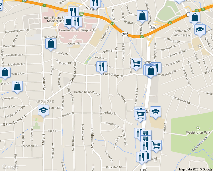 map of restaurants, bars, coffee shops, grocery stores, and more near 638 Brent Street in Winston Salem