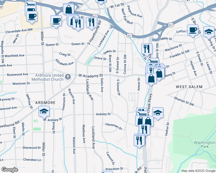map of restaurants, bars, coffee shops, grocery stores, and more near 638 Brent Street in Winston Salem