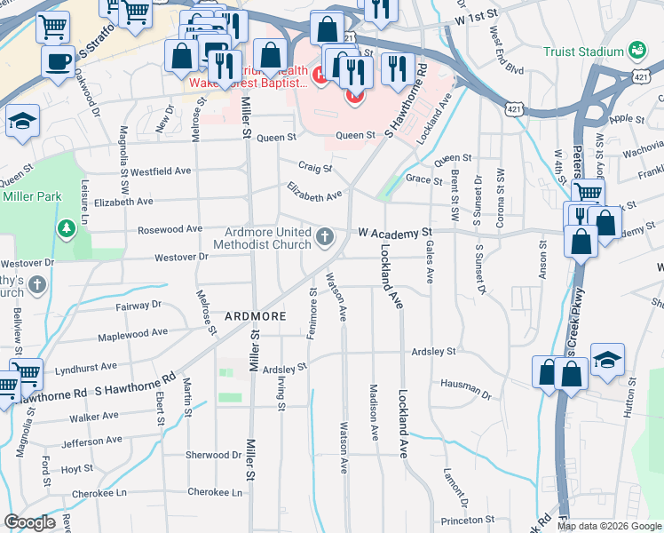 map of restaurants, bars, coffee shops, grocery stores, and more near 721 Watson Avenue in Winston-Salem