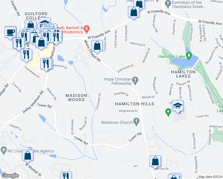 map of restaurants, bars, coffee shops, grocery stores, and more near 4803 Penn Wyne Drive in Greensboro
