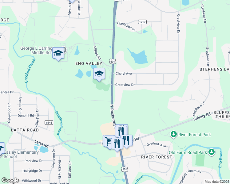 map of restaurants, bars, coffee shops, grocery stores, and more near 5384 North Roxboro Street in Durham