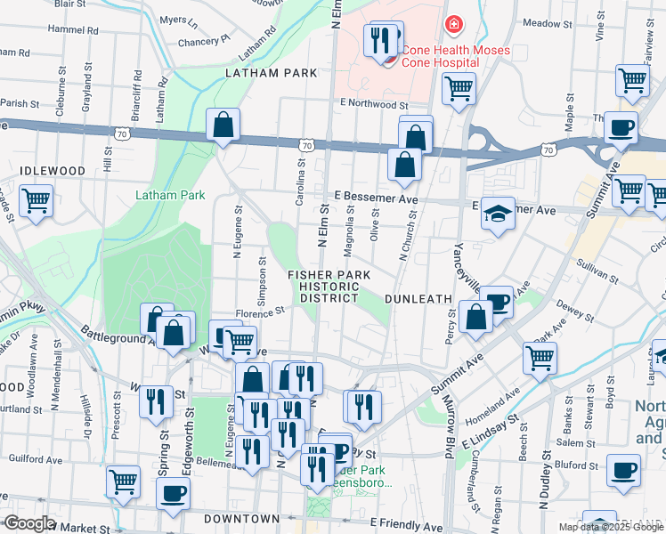 map of restaurants, bars, coffee shops, grocery stores, and more near in Greensboro